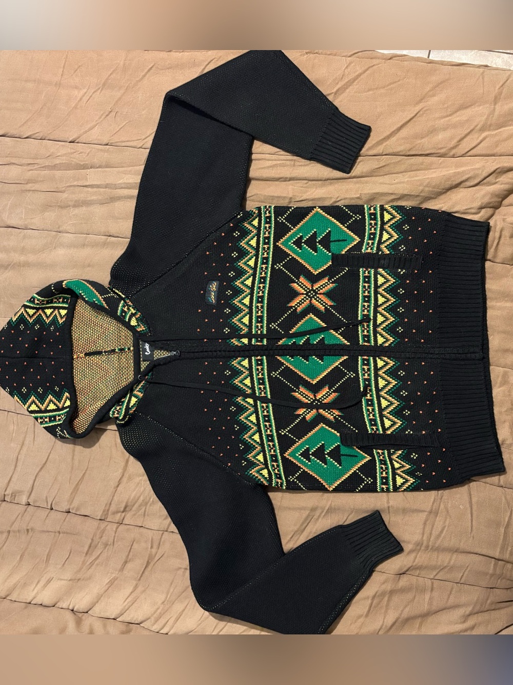Men's Black Hooded Zip Sweater with Green & Gold Fair Isle Pattern